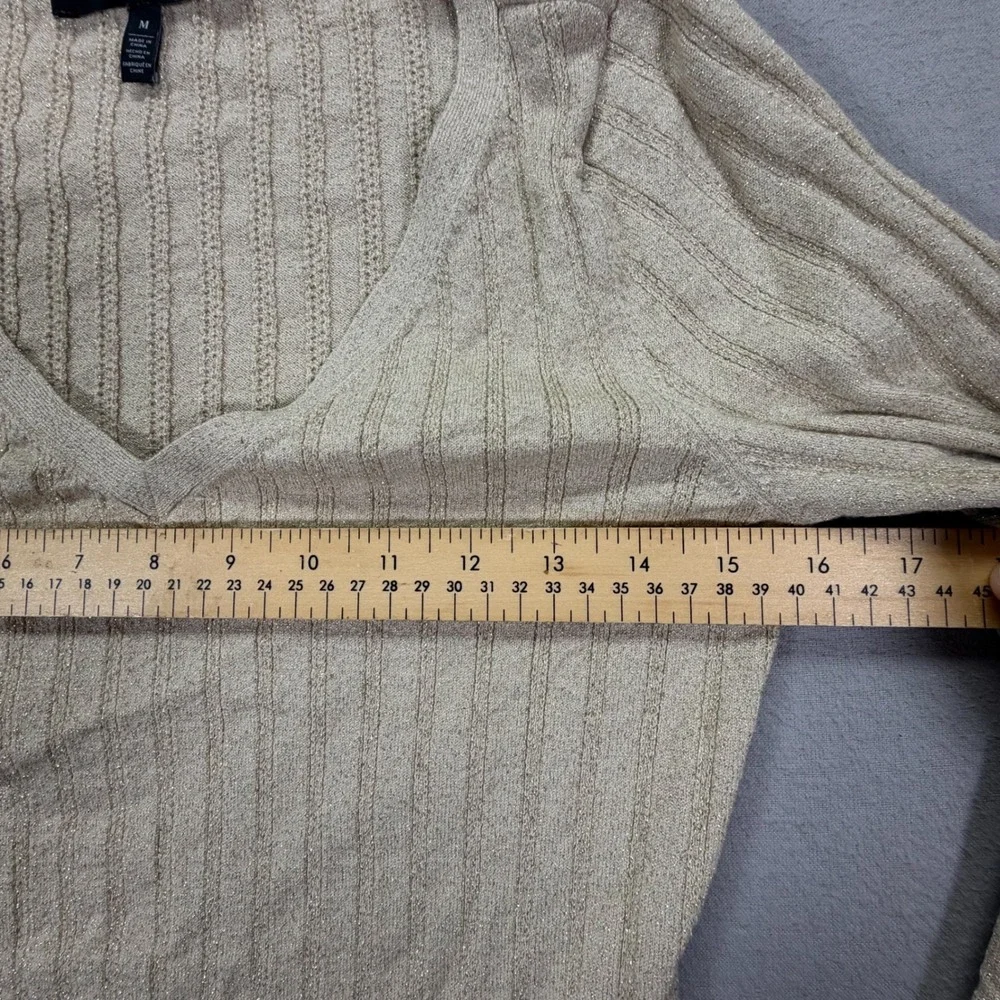 White House Black Market Womens Sweater Slim Gold Metallic Ribbed V-Neck M